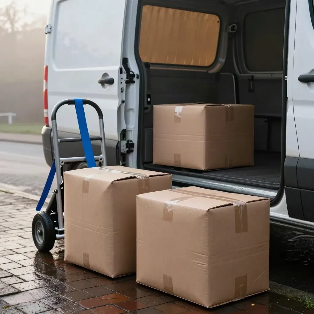 Two parcels at a brick doorstep beside an open white van and hand truck on wet paving.