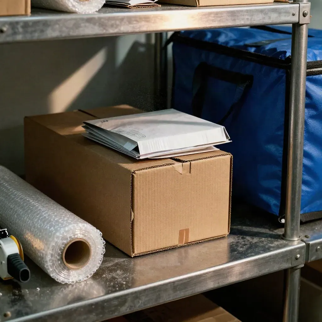 Macro of a stocked packing station with cartons, mailers, bubble wrap, tape gun and courier tote.
