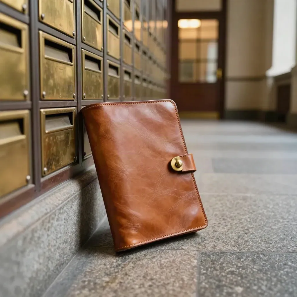 Sealed leather folio in a secure City office postroom beside brass mail slots and stone floor.