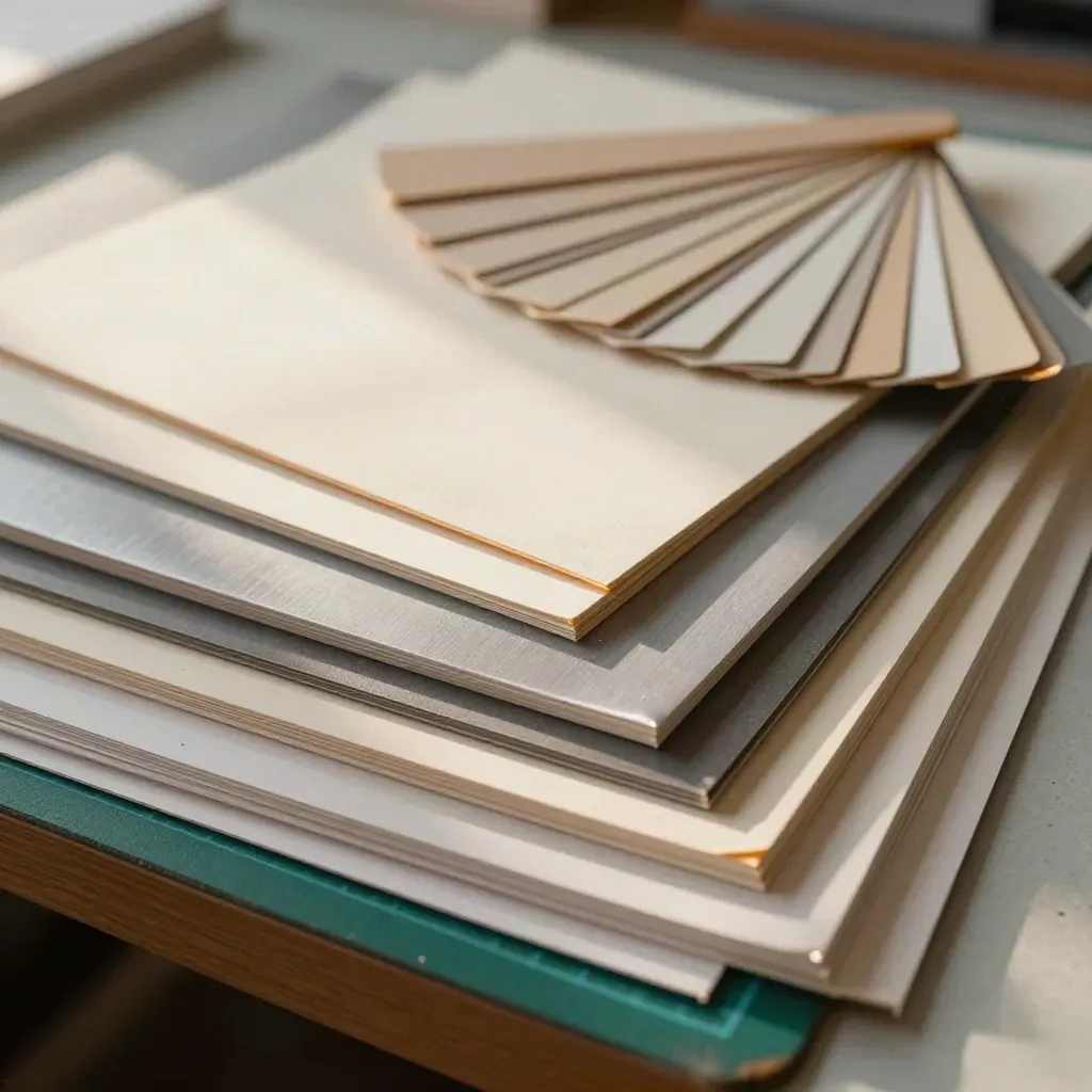 Print studio samples laid out on a worktable with swatch fans and sample packs.