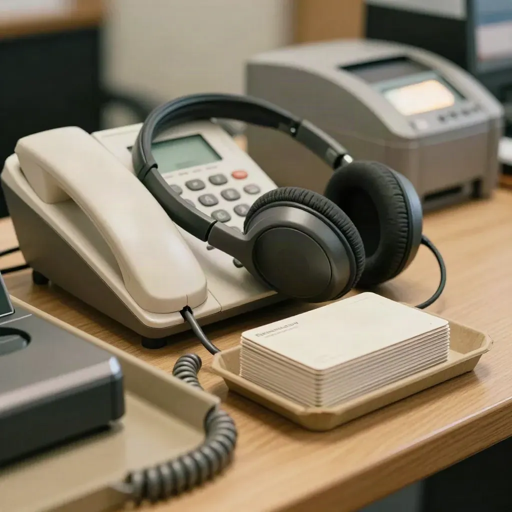 Macro of a desk phone, headset cradle, charger and face-down courier cards on a dispatch counter.