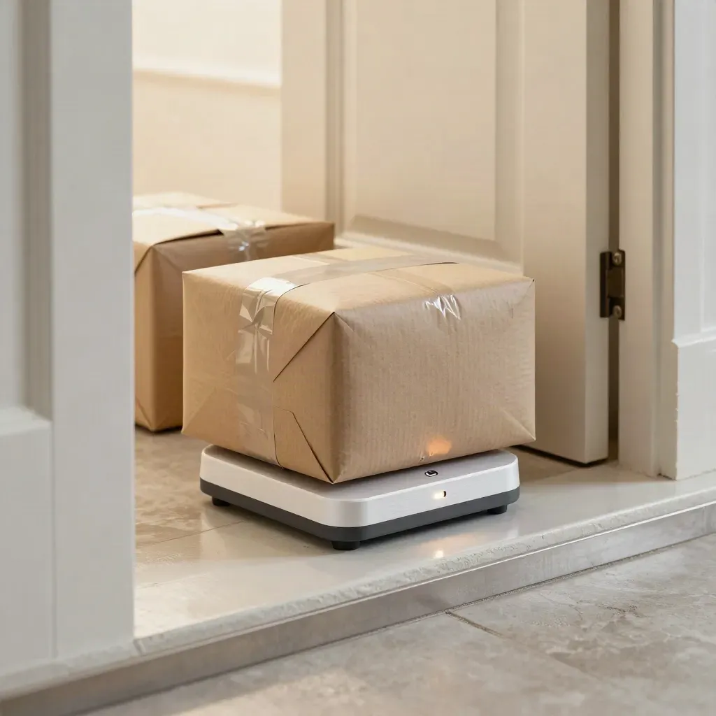 Delivery scanner dock beside a sealed parcel and charging light on a pale plaster surface.