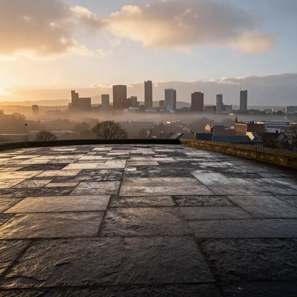 Manchester skyline above wet stone at sunrise, with mist and open calm foreground.
